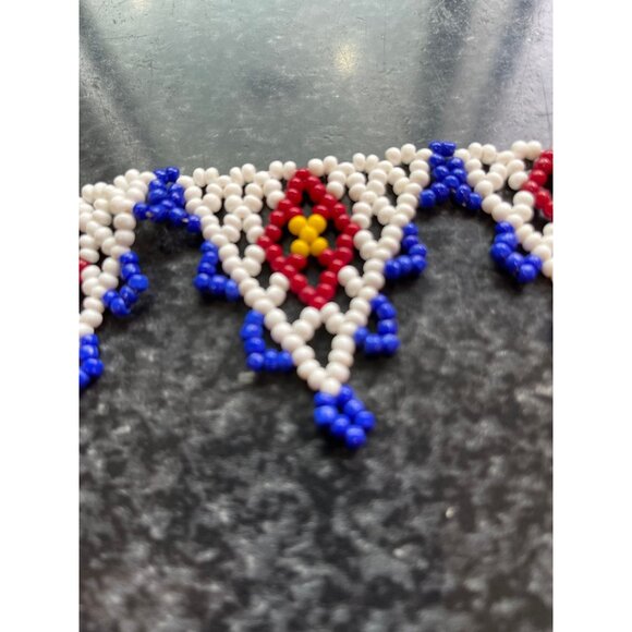 Vtg 1970's Hand Beaded Yoke Or Net Style Necklace 5 Beaded Triangles White Blue - Picture 6 of 8